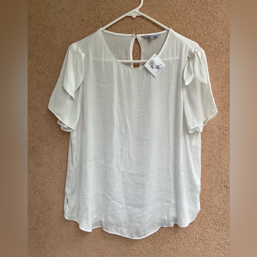 Naked Debra White Round Neck Flowy Shirt, Size Large, semi-open back
